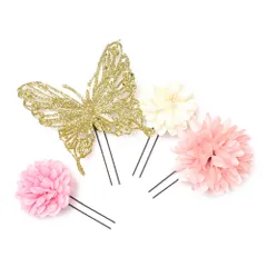 髪飾り 成人式 振袖 前撮り 袴 花 浴衣 夏祭り 花火大会 ４点セット ゴールド 白 ピンク 桜色 ラメ 蝶 蝶々 浴衣 髪型 ヘアス No.9-3783