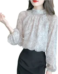 Fairy Stone(フェアリー ストーン) ブラウス シャツ トップス レディース 長袖 シフォン ハイネック シアー 花柄 カジュアル フォーマル B-62( ホワイト,  L)
