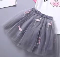 子供ミニチュールスカート刺繍 フラミンゴ ベージュグレー色