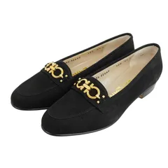 極美品▲Salvatore Ferragamo サルヴァトーレフェラガモ BABS ダブルガンチーニ ヌバックレザー パンプス ブラック ゴールド金具 5.5 箱付き イタリア製 レディース