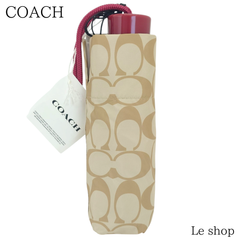 【タグ付き】COACH コーチ 折りたたみ傘 晴雨兼用 日傘 UVカット シグネチャー ライトカーキ ルージュ レディース 中古