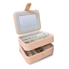 10.5cm*9cm*5.5cm_ピンク-b PRETOLE ジュエリーボックス アクセサリー収納ケース 女性 PUレザー おしゃれ ミニ 携帯用 大容量 2層 鏡付き 宝石箱 仕切り付き 持ち運び 小物入れ ピアス ネックレス 指輪 イヤリング 母の日 クリ