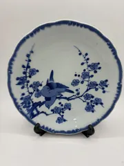 古伊万里　志田窯【染付梅と鳥文皿】(22)　30センチ