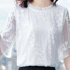 ブラウス レディース トップス 春夏 オフィス 半袖 レース おしゃれ 刺繍シャツ ロング丈 丸襟 セクシーデザイン 秋 レディース 可愛い 着痩せ シンプル