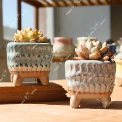 N0340 韓国  3号 2個セット 四角 脚付き 窯変 貫入 浮彫 植木鉢 室内 陶器鉢 多肉 植物 鉢植え 激安 レア インテリア プレゼント 海外 盆栽 おすすめ プランター 人気 デザイン 観葉植物