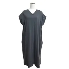レディース ロングワンピース Vネック 半袖 カットソーワンピース　ミモレ丈 チャコール M 秋　無地