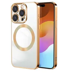 iPhone 15 Pro ケース クリア MagSafe対応 iPhone15 pro スマホケース 透明 tpu 耐衝撃 ワイヤレス充電対応 マグネットリング付き レンズ保護 ストラップホール付き 金色