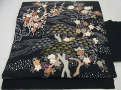 紅型8004 名古屋帯 黒色 鬼しぼ縮緬 菊 桜 美品 - 着物