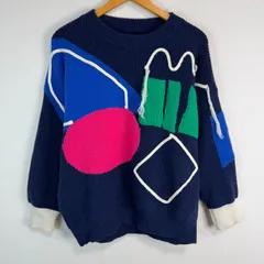 ニット セーター ネイビー 幾何学模様 総柄 メンズ 古着 オーバーサイズ ゆるダボ ストリート Y2K