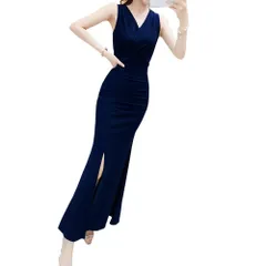 [ALL DAY Shining] ロングドレス ワンピース スリット入り シンプル カジュアル マキシ丈 フリル パーティー リゾート タイト Vネック ノースリーブ キャバ嬢ドレス フォーマル リゾートワンピース マキシワンピース キャ [ブルー] [M]