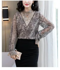 【ブラック・Ｌ】ペイズリー 長袖 ブラウス 刺繍 レース シースルー　シフォン