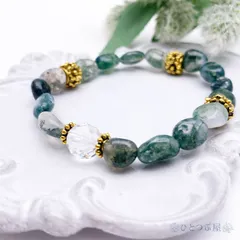 【癒し・富・繁栄】モスアゲートとキラキラ水晶のブレス／手首につける森林浴