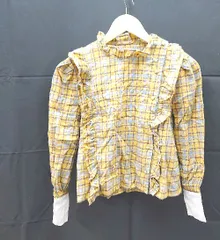 ◇ Aymmy in the batty girls 黄色　ブラウス ロングカフス 長袖　フリル　チェック　シャツ Sサイズ マスタード 女 E  【1301260040690】