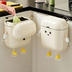 キュートなホワイトダストボックス（12L）かわいい漫画吊り下げ式ゴミ箱 蓋付き 大容量 ドリル不要 壁掛け式ゴミ箱 キッチン&バスルーム用 ホワイトプラスチック フック付き 省スペース