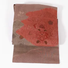 名古屋帯　汕頭刺繍　茶　赤　花　幾何学模様　帽子絞り　縫いとり絞り　/1077