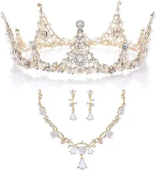 Ｕｃｃｅｌｌｉｎｏ クラウンティアラ 3点セット ネックレス ジルコニア ヘアピン付 付け方解説書付き 結婚式 パーティ コスプレ ハロウィン(ゴールド,  フリーサイズ)