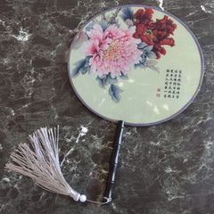 華流 中国風 布うちわ タッセル付き 牡丹 ピンク 赤