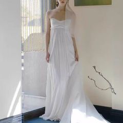 ウェディングドレス ロングドレス Aライン チューブトップ  ハイウエスト かわいい オフショルダー 二次会 結婚式 前撮り 花嫁 ウエディングドレス サテン 挙式 韓国風 ブライダル 0837