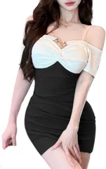 COCO&YUKA(ココアンドユカ) 肩出し オフショルダー 胸 開き タイト セクシー ミニ ワンピース キャバ 嬢 ドレス パーティ スカート カシュクール ミニワンピ 半袖 肩紐 付き レディース(ブラック,  S)