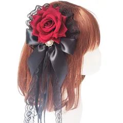 【特売】MM&UU ヘッドドレス ロリータ 薔薇 バラ ヘアアクセサリー ゴシック ゴスロリ 髪飾り クリップ ブローチ 2in1 披露宴 二次会 発表会 葬式 宴会 可愛い 母の日 ギフト 赤