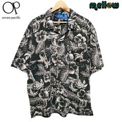 OP アロハシャツ 開襟 半袖 総柄 ブラック×モカブラウン系 サイズ：メンズ XL オーシャンパシフィック Ocean Pacific オープンカラー コットン レーヨン 古着 【中古】