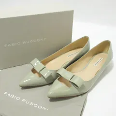 美品 FABIO RUSCONI ファビオルスコーニ パテントレザー ポインテッドトゥ ローヒール リボン パンプス 3422 36.5 約23.5cm グレー レディース 古着 中古 USED