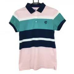 ジャックバニー 半袖ポロシャツ ネイビー×グリーン×ピンク ボーダー風 レディース 2(L) ゴルフウェア Jack Bunny