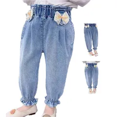 デニムパンツ キッズ 春秋 リボンパンツ ロングパンツ デニムロングパンツ ゆったり カジュアルパンツ フリルパンツ おしゃれパンツ ロング丈 女の子 子供服 送料無料 パンツ ボトムス おでかけ 普#ljt1700