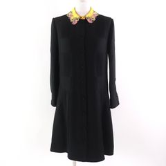 美品△VALENTINO ヴァレンティノ NB3VADM01CF ウール シルク 襟装飾 長袖 シャツ ワンピース ブラック イエロー 2 イタリア製 正規品 レディース