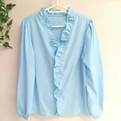 レディース トップス フリルブラウス 長袖 袖口ゴム入り 古着 ライトブルー 大きめサイズM（い-55，コ）