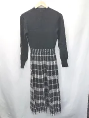 ◇ ⊇ BLUEEAST ブルーイースト チェック 切替 長袖 ロング ニット ワンピース ブラック ホワイト レディース E  【1410230021291】
