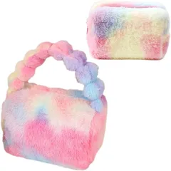 Queen-b ハンドバッグ ポーチ付き カラフル モコモコ お出かけ 旅行 手提げ ファー レディース 虹色 おしゃれ 可愛い 化粧品 メイク 化粧道具 コスメ(レインボー)