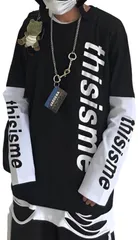 [アスペルシオ] 重ね着風 ロングスリーブ 袖ロゴ 英文字 プリント オシャレ カッコイイ トップス メンズ 長袖 tシャツ プルオーバー クルーネック 切り替え ベーシック カットソー アメカジ モード系 ストリート ファッ [ソプラノブラック] [2XL]