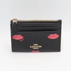 良品 コーチ レザー 黒 リップ柄 ゴールド金具 キーチェーン付 レディースコインケース/定期入れ KRH 2000000 NSK