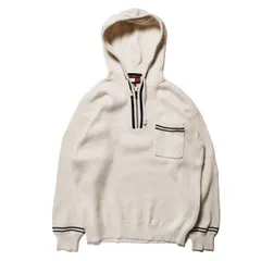 90's トミーヒルフィガー 1/4ジップ プルオーバー コットンニットパーカー (XL) ナチュラル×紺 ポケット付 90年代 旧タグ オール アメリカ古着 USED  ビンテージ ヴィンテージ