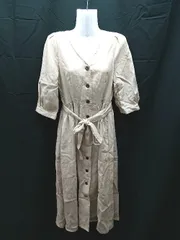 ◇ AVAN LILY リネン素材 マーブルボタンワンピース 七分袖 ロング ワンピース 羽織 サイズM ベージュ レディース E  【1301260025246】