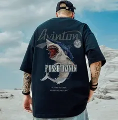 メンズ　Tシャツ　半袖　黒　2XL　オーバーサイズ　バックプリント　サメ　3L　ブラック　シャーク　ストリート　カジュアル　大きめ　ブラック　海　鮫　XXL　ビッグシルエット　black　くろ　クロ