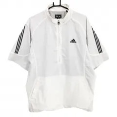 アディダス 半袖ブルゾン 白×黒 ハーフジップ 3ライン ロゴ刺しゅう 裾ドローコード 裏地付き メンズ O/XG ゴルフウェア adidas