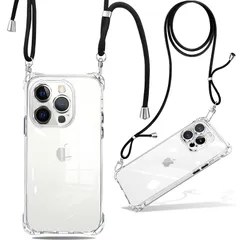 iPhone 14 Pro Max ケース クリア ショルダー 耐衝撃 ストラップ付き スマホケース アイフォン14 pro max カバー 透明 薄型 軽量 TPUスマホ シリコン 紐付き 斜めがけ 織りストラップ付き 肩掛け 調節可能なショルダー クロ 1