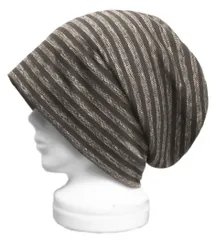 ◇送料無料◇ ハンドメイド◆ボーダー柄ハーフリネンニット／ルーズワッチキャップ◆ブラウン系　◇ゆったりサイズ・小顔効果・オールシーズン着用◇