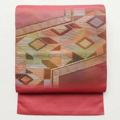 中古 名古屋帯 太鼓柄 混紡 幾何学柄・抽象柄 松葉仕立て ピンク