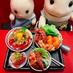 517韓国料理　ユッケナクチタンタンイとナッコプセBセット⭐️ミニチュアフード　ドールハウス　リカちゃん　シルバニア　樹脂粘土　ねんどろいど　バービー　ミニチュア　フィギュア　フェイクフード　韓国料理