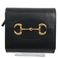 グッチ 二つ折り財布 レディース ホースビット コンパクトウォレット 小物 スナップボタン GUCCI 621891 レザー    ブラック 黒 ゴールド金具【中古品】