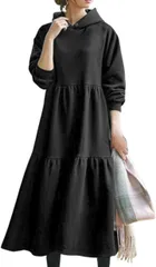 FAAMEE(フェイミー) ゆったり フード付 マキシ丈 ワンピース レディース 長袖 大きいサイズ ロング( ブラック,  M)