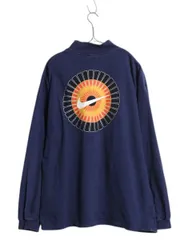 【お得なクーポン配布中!】 90s ナイキ モックネック スウッシュ 両面 プリント 長袖 Tシャツ メンズ XL 古着 オールド ロングTシャツ ヘビーウェイト ロンT ネイビー