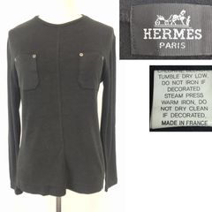 美品★フランス製★HERMES【エルメス】ニット/Wポケット/長袖Ｔシャツ【レディースL程度/黒/black】薄手/Tops/Shirts◆BJ007-b