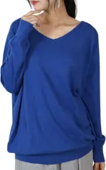 Four leaf Vネック ニット レディース セーター 長袖 コットン 綿 100 トップス 体型カバー ゆったり 無地 カジュアル きれいめ 上品 秋冬 春 洗える デイリー オフィス(ブルー,  XL)