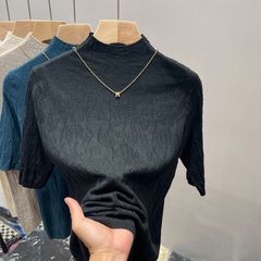 Tシャツ 五分袖 カットソー 半袖 サマーニット ハイネック トップス 半袖ニット シンプル 涼しい 冷房対策 きれいめ オフィス カジュアル 20代 xzdsaji
