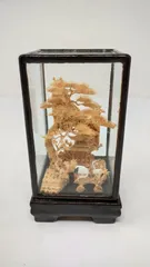 中国美術品 コルク細工 中国工芸品 コルク彫刻 ガラスケース