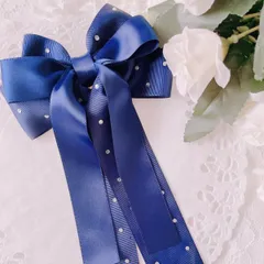 ❤️154ラインストーンリボンポニーフック❤️ネイビー